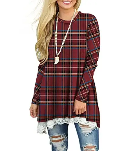 WEKILI Women's Tops Long Sleeve Lace Scoop Neck A-line Tunic Blouse - 2