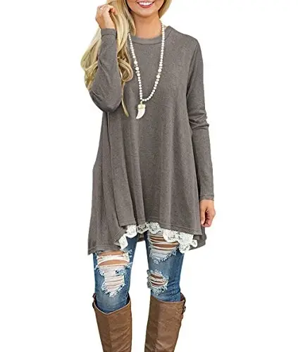 WEKILI Women's Tops Long Sleeve Lace Scoop Neck A-line Tunic Blouse - 4