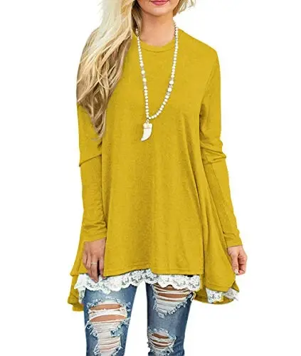 WEKILI Women's Tops Long Sleeve Lace Scoop Neck A-line Tunic Blouse 
