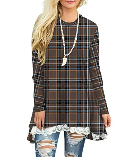 WEKILI Women's Tops Long Sleeve Lace Scoop Neck A-line Tunic Blouse - MODAZONE