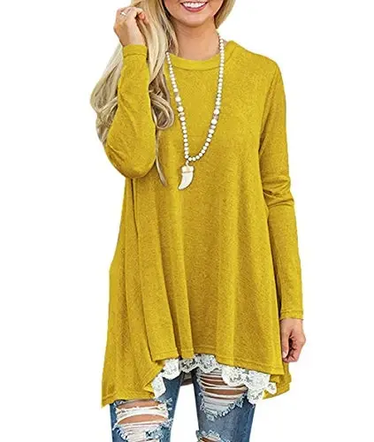WEKILI Women's Tops Long Sleeve Lace Scoop Neck A-line Tunic Blouse - 2