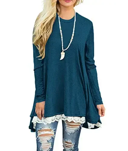WEKILI Women's Tops Long Sleeve Lace Scoop Neck A-line Tunic Blouse 