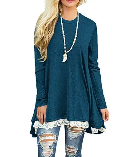 WEKILI Women's Tops Long Sleeve Lace Scoop Neck A-line Tunic Blouse - 1