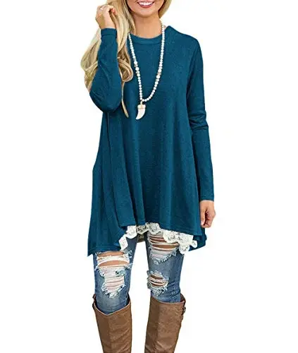 WEKILI Women's Tops Long Sleeve Lace Scoop Neck A-line Tunic Blouse - 3