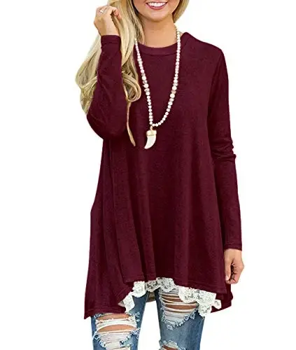 WEKILI Women's Tops Long Sleeve Lace Scoop Neck A-line Tunic Blouse - 3