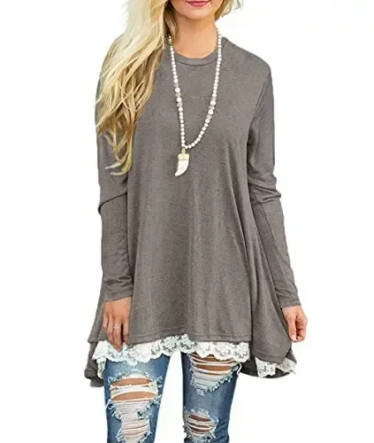 WEKILI Women's Tops Long Sleeve Lace Scoop Neck A-line Tunic Blouse - 1