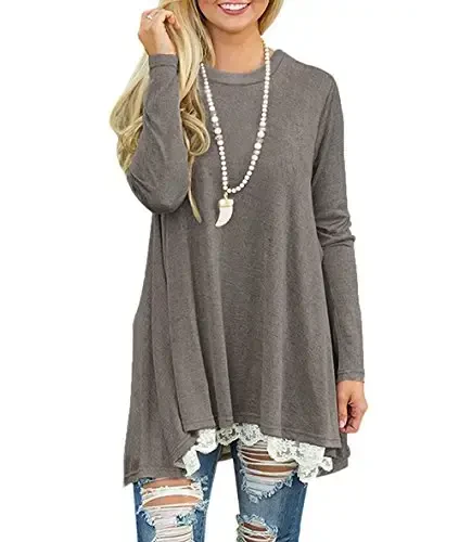 WEKILI Women's Tops Long Sleeve Lace Scoop Neck A-line Tunic Blouse - 3