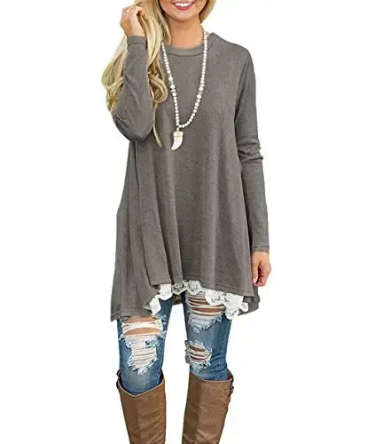 WEKILI Women's Tops Long Sleeve Lace Scoop Neck A-line Tunic Blouse - 4