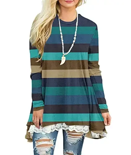 WEKILI Women's Tops Long Sleeve Lace Scoop Neck A-line Tunic Blouse - MODAZONE