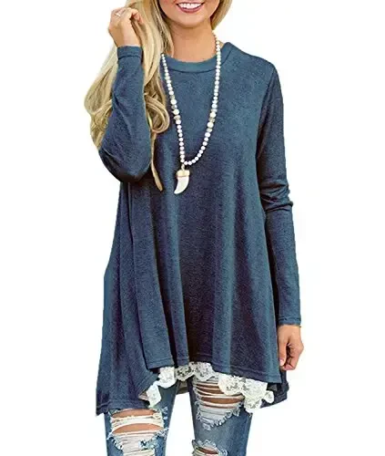 WEKILI Women's Tops Long Sleeve Lace Scoop Neck A-line Tunic Blouse - 3