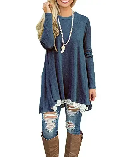WEKILI Women's Tops Long Sleeve Lace Scoop Neck A-line Tunic Blouse - 4