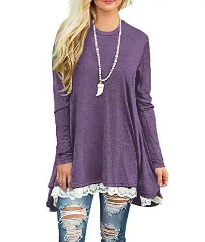 WEKILI Women's Tops Long Sleeve Lace Scoop Neck A-line Tunic Blouse - 1