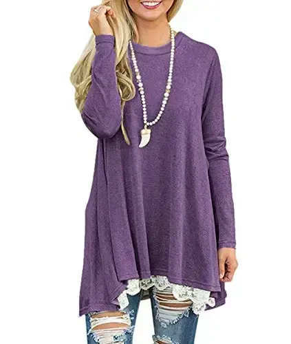 WEKILI Women's Tops Long Sleeve Lace Scoop Neck A-line Tunic Blouse - 2
