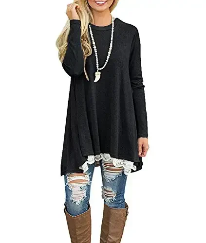 WEKILI Women's Tops Long Sleeve Lace Scoop Neck A-line Tunic Blouse - 4