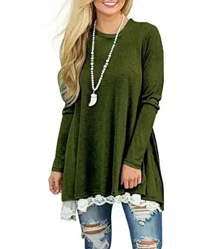 WEKILI Women's Tops Long Sleeve Lace Scoop Neck A-line Tunic Blouse - 2