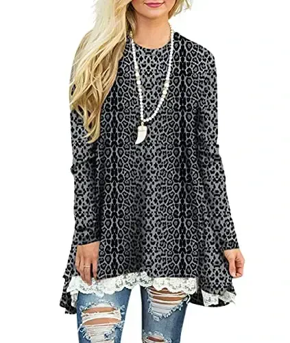 WEKILI Women's Tops Long Sleeve Lace Scoop Neck A-line Tunic Blouse - 1