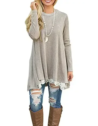 WEKILI Women's Tops Long Sleeve Lace Scoop Neck A-line Tunic Blouse - 4