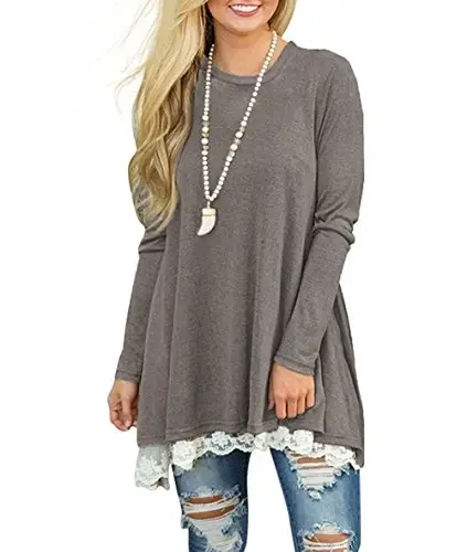 WEKILI Women's Tops Long Sleeve Lace Scoop Neck A-line Tunic Blouse - 2