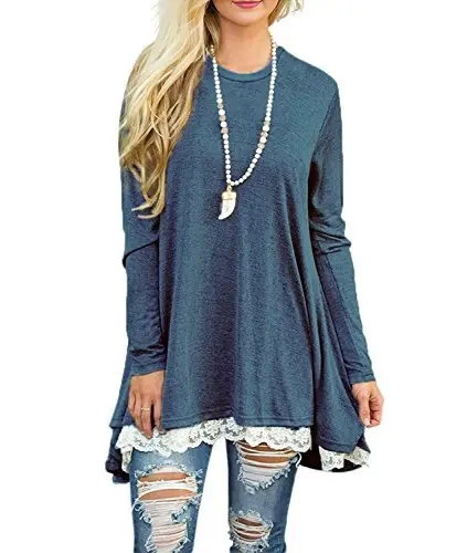 WEKILI Women's Tops Long Sleeve Lace Scoop Neck A-line Tunic Blouse - 1