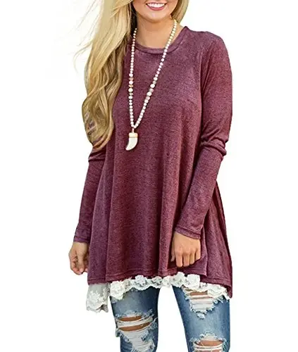 WEKILI Women's Tops Long Sleeve Lace Scoop Neck A-line Tunic Blouse - 2
