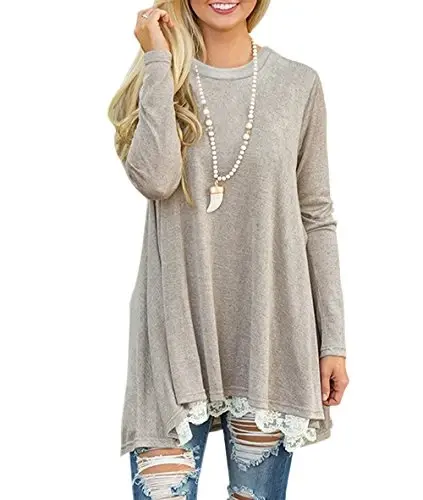 WEKILI Women's Tops Long Sleeve Lace Scoop Neck A-line Tunic Blouse - 3