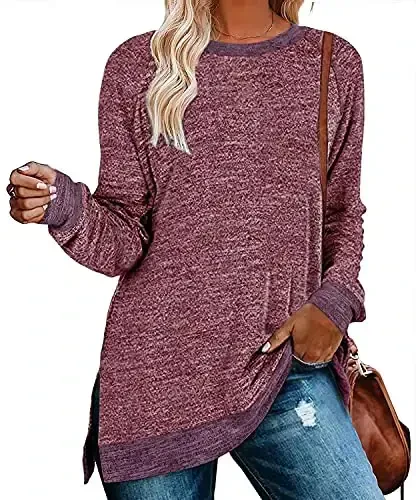 WELINCO Ayollar uchun Crewneck Pulloverlar Rangli Blok Uzun Qisma Yon Split Tunika Toplar 