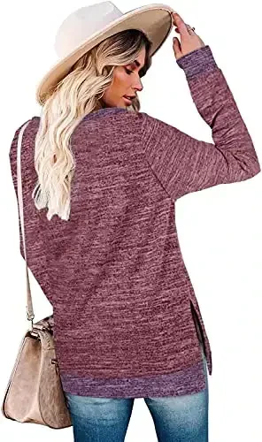 WELINCO Ayollar uchun Crewneck Pulloverlar Rangli Blok Uzun Qisma Yon Split Tunika Toplar - 3