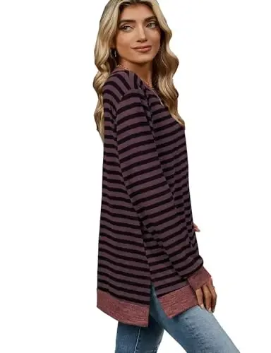 WELINCO Ayollar uchun yumaloq bo‘yinbog‘li sviterlar, rang-barang blokli, uzun yengli, yon tomoni slitli tunika ustki kiyimlari - 5