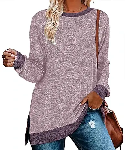 WELINCO Womens Crewneck Pullovers Color Block Long Sleeve Side Split Tunic Tops - 1