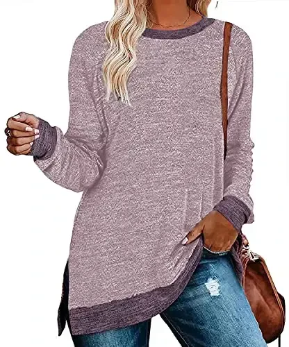WELINCO Womens Crewneck Pullovers Color Block Long Sleeve Side Split Tunic Tops - WELINCO