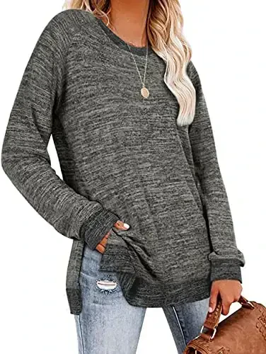 WELINCO Womens Crewneck Pullovers Color Block Long Sleeve Side Split Tunic Tops - WELINCO (1)