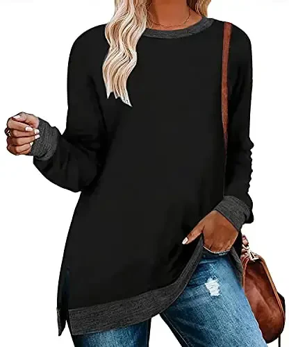 WELINCO Womens Crewneck Pullovers Color Block Long Sleeve Side Split Tunic Tops 