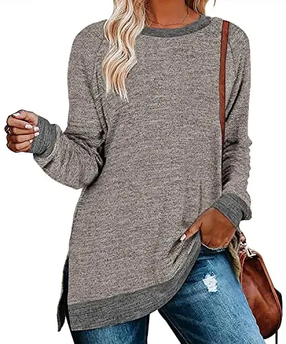 WELINCO Womens Crewneck Pullovers Color Block Long Sleeve Side Split Tunic Tops - WELINCO