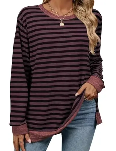 WELINCO Womens Crewneck Pullovers Color Block Long Sleeve Side Split Tunic Tops - 4
