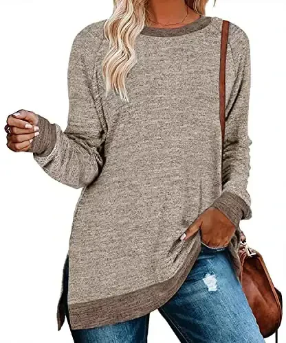 WELINCO Womens Crewneck Pullovers Color Block Long Sleeve Side Split Tunic Tops 