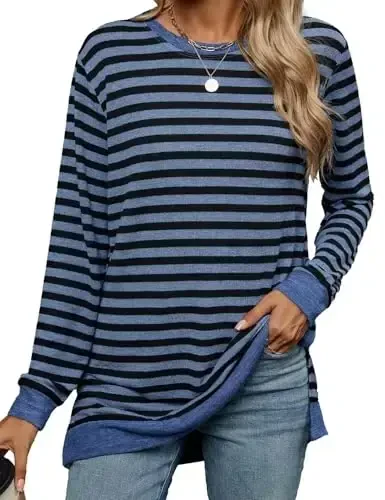 WELINCO Womens Crewneck Pullovers Color Block Long Sleeve Side Split Tunic Tops - 3