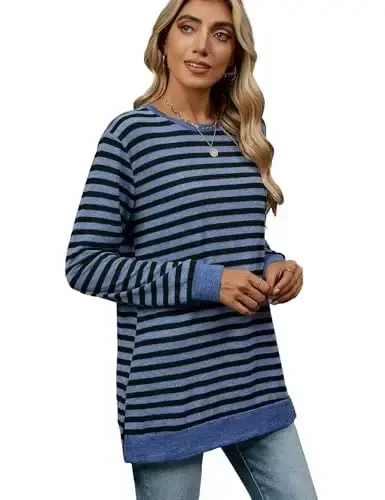 WELINCO Womens Crewneck Pullovers Color Block Long Sleeve Side Split Tunic Tops - 4