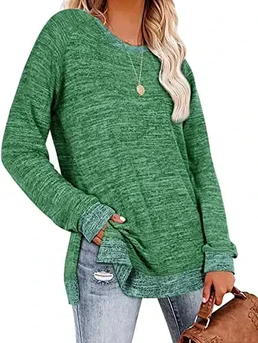 WELINCO Womens Crewneck Pullovers Color Block Long Sleeve Side Split Tunic Tops - WELINCO (1)