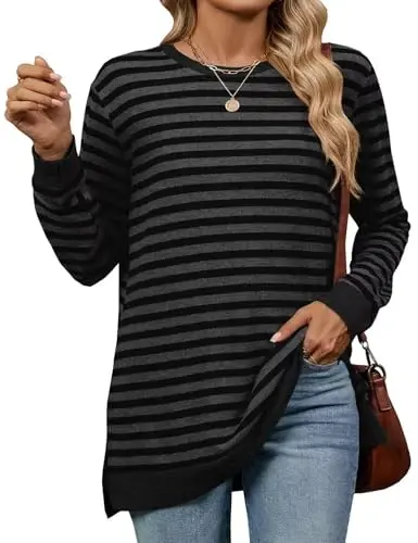 WELINCO Womens Crewneck Pullovers Color Block Long Sleeve Side Split Tunic Tops - WELINCO
