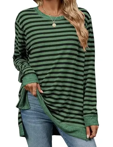 WELINCO Womens Crewneck Pullovers Color Block Long Sleeve Side Split Tunic Tops - 4