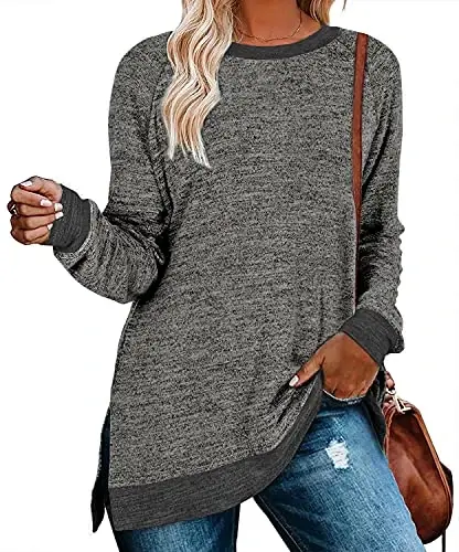 WELINCO Womens Crewneck Pullovers Color Block Long Sleeve Side Split Tunic Tops - WELINCO