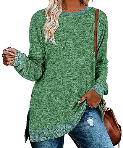 WELINCO Womens Crewneck Pullovers Color Block Long Sleeve Side Split Tunic Tops - 1