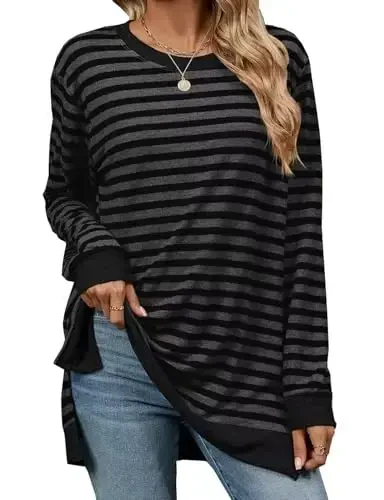 WELINCO Womens Crewneck Pullovers Color Block Long Sleeve Side Split Tunic Tops - 2