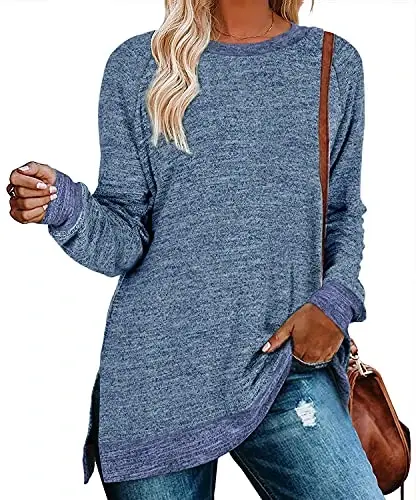 WELINCO Womens Crewneck Pullovers Color Block Long Sleeve Side Split Tunic Tops - WELINCO