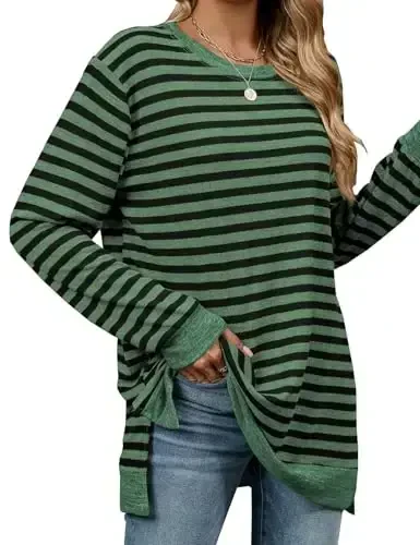 WELINCO Womens Crewneck Pullovers Color Block Long Sleeve Side Split Tunic Tops - 4