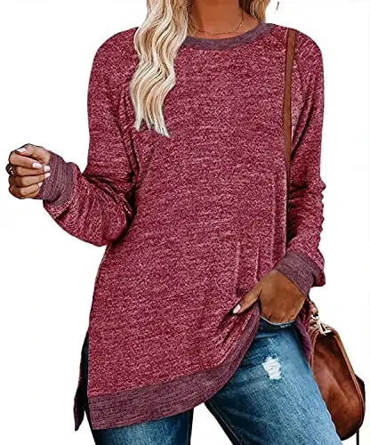 WELINCO Womens Crewneck Pullovers Color Block Long Sleeve Side Split Tunic Tops - 1