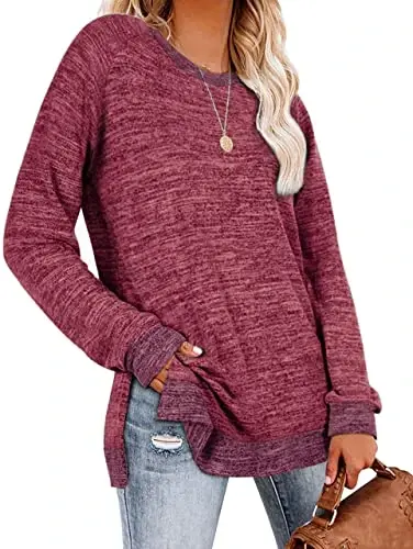 WELINCO Womens Crewneck Pullovers Color Block Long Sleeve Side Split Tunic Tops - 2