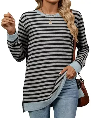 WELINCO Womens Crewneck Pullovers Color Block Long Sleeve Side Split Tunic Tops - 1