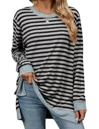 WELINCO Womens Crewneck Pullovers Color Block Long Sleeve Side Split Tunic Tops - 2
