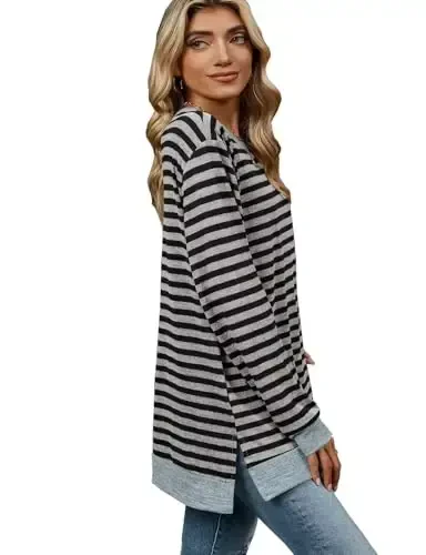 WELINCO Womens Crewneck Pullovers Color Block Long Sleeve Side Split Tunic Tops - 5